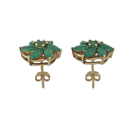 9ct Gold & Emerald Flower Cluster Stud Earrings