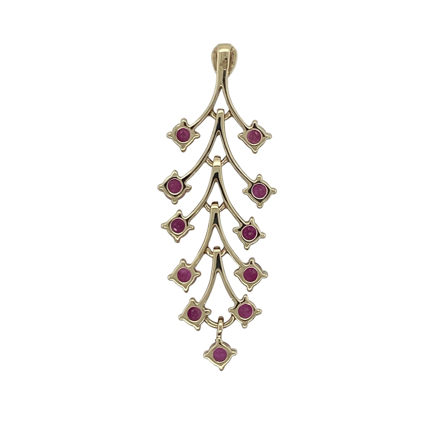 Add elegant colour and nature-inspired charm to your jewellery collection with this pre-owned 9ct yellow gold ruby branch style pendant, featuring a graceful organic design with vibrant gemstone detail—perfect for special occasions, gifting, or sophisticated everyday wear.

Design: The pendant features a beautiful branch-inspired design adorned with vibrant ruby gemstones, each measuring approximately 3mm in diameter.