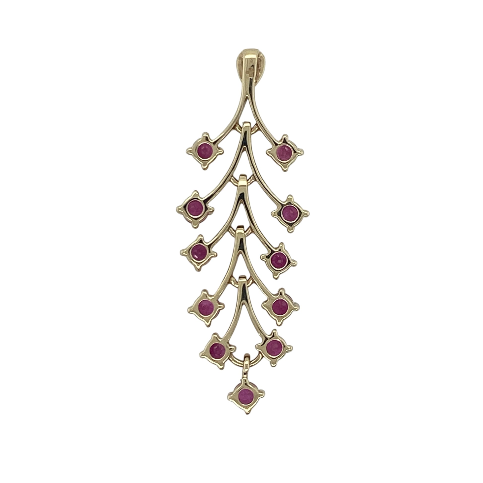 Add elegant colour and nature-inspired charm to your jewellery collection with this pre-owned 9ct yellow gold ruby branch style pendant, featuring a graceful organic design with vibrant gemstone detail—perfect for special occasions, gifting, or sophisticated everyday wear.

Design: The pendant features a beautiful branch-inspired design adorned with vibrant ruby gemstones, each measuring approximately 3mm in diameter.