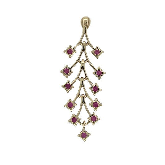 Add elegant colour and nature-inspired charm to your jewellery collection with this pre-owned 9ct yellow gold ruby branch style pendant, featuring a graceful organic design with vibrant gemstone detail—perfect for special occasions, gifting, or sophisticated everyday wear.

Design: The pendant features a beautiful branch-inspired design adorned with vibrant ruby gemstones, each measuring approximately 3mm in diameter.