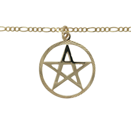 Add distinctive symbolism and bold style to your jewellery collection with this pre-owned 9ct yellow gold open pentagram star pendant necklace, featuring a striking geometric design with timeless statement appeal—perfect for everyday wear, gifting, or those who appreciate symbolic jewellery.

Design: The necklace features a large open pentagram star pendant measuring approximately 4cm in length including the bail.