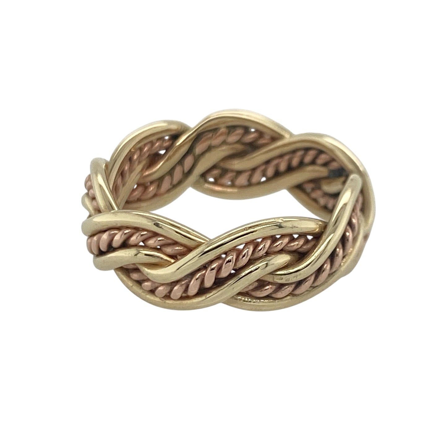 Add a touch of Welsh heritage and timeless elegance to your jewellery collection with this pre-owned 9ct yellow and rose gold Clogau twisted weave band ring, featuring an intricate woven design with sophisticated everyday appeal—perfect for gifting, special occasions, or meaningful daily wear.

Design: The ring features an attractive twisted weave pattern across a substantial 7mm wide band, creating a beautifully textured and eye-catching appearance.