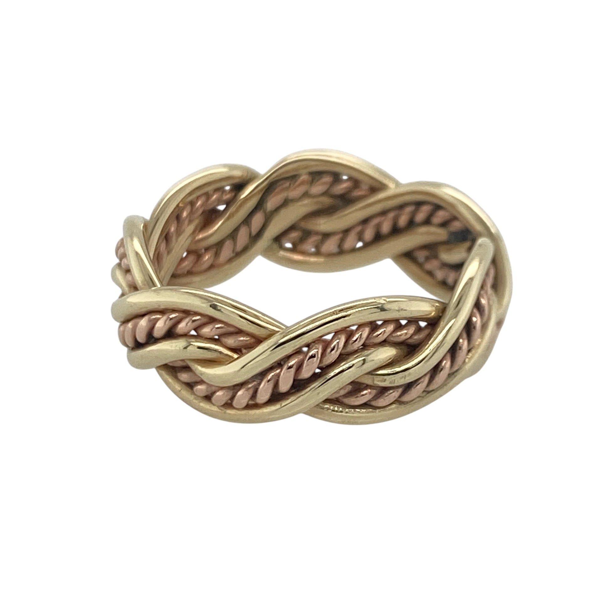 Add a touch of Welsh heritage and timeless elegance to your jewellery collection with this pre-owned 9ct yellow and rose gold Clogau twisted weave band ring, featuring an intricate woven design with sophisticated everyday appeal—perfect for gifting, special occasions, or meaningful daily wear.

Design: The ring features an attractive twisted weave pattern across a substantial 7mm wide band, creating a beautifully textured and eye-catching appearance.