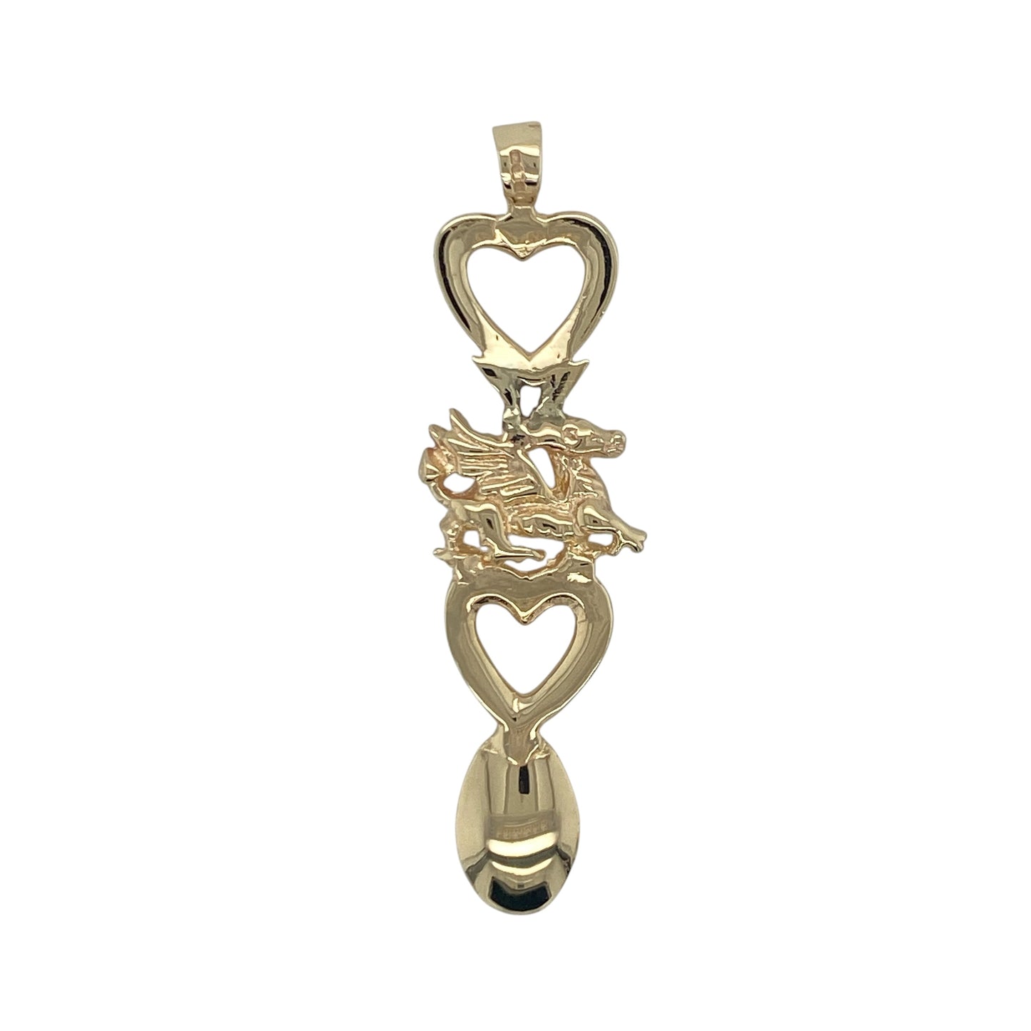 Add a touch of Welsh heritage and romantic symbolism to your jewellery collection with this pre-owned 9ct yellow gold Welsh Dragon heart lovespoon pendant, featuring a beautifully detailed traditional design with meaningful everyday appeal—perfect for gifting, celebrating Welsh culture, or treasured wear.

Design: The pendant showcases a large traditional lovespoon design incorporating a Welsh dragon and heart motif, creating a striking and symbolic piece rich in heritage and craftsmanship.
