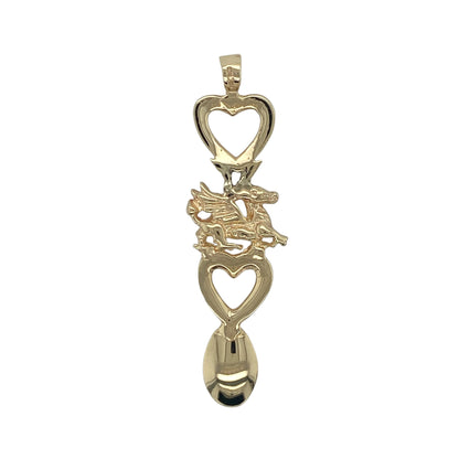 Add a touch of Welsh heritage and romantic symbolism to your jewellery collection with this pre-owned 9ct yellow gold Welsh Dragon heart lovespoon pendant, featuring a beautifully detailed traditional design with meaningful everyday appeal—perfect for gifting, celebrating Welsh culture, or treasured wear.

Design: The pendant showcases a large traditional lovespoon design incorporating a Welsh dragon and heart motif, creating a striking and symbolic piece rich in heritage and craftsmanship.
