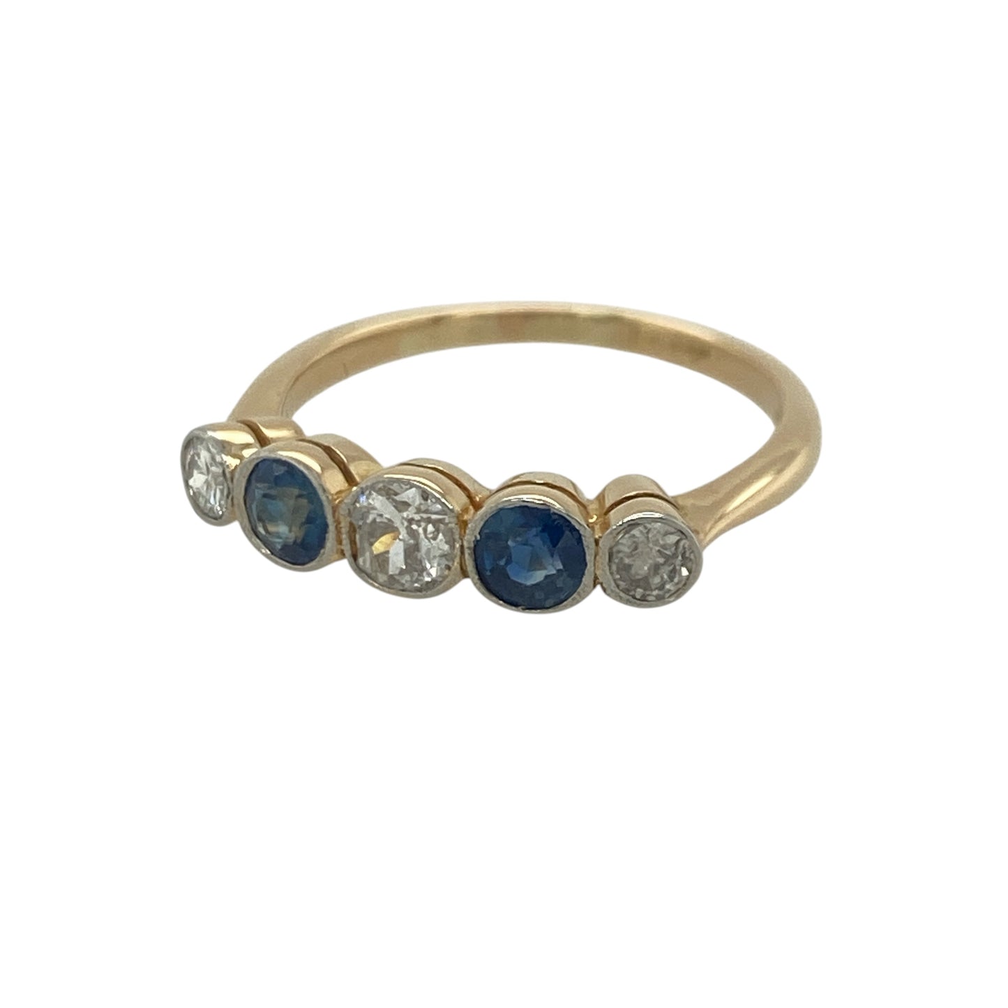 Add timeless elegance and rich colour to your jewellery collection with this pre-owned 18ct yellow gold diamond and sapphire band ring, featuring a classic five-stone design with exceptional sparkle and sophistication—perfect for special occasions, gifting, or refined everyday wear.

Design: The ring showcases three sparkling diamonds totalling approximately 0.37ct, complemented by two vibrant sapphires measuring approximately 4mm in diameter each.