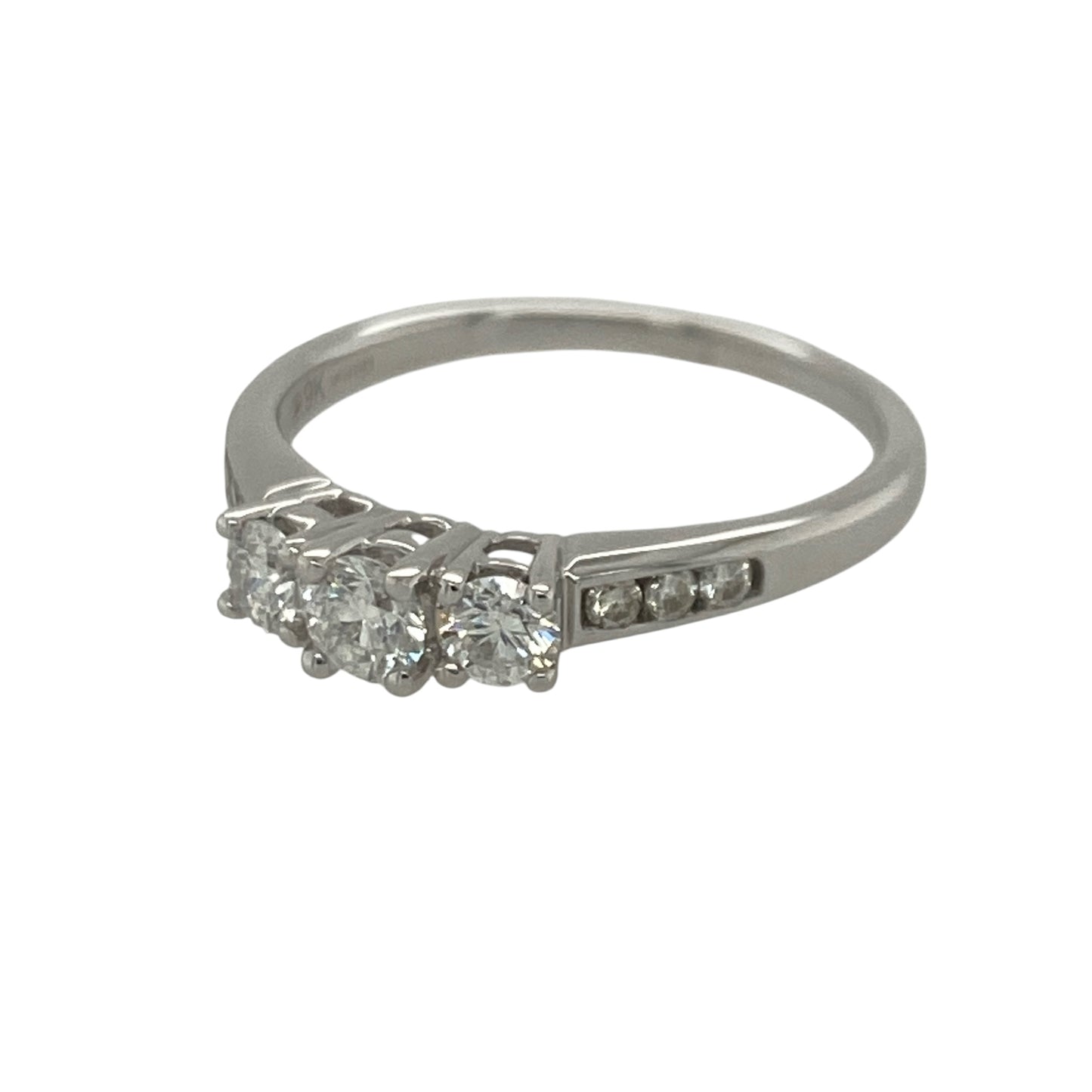 Add timeless sparkle and elegant sophistication to your jewellery collection with this pre-owned 9ct white gold diamond trilogy ring, featuring a classic three-stone design with enduring appeal—perfect for anniversaries, special occasions, or luxurious everyday wear.

Design: The ring showcases three sparkling diamonds arranged in a traditional trilogy setting, creating a beautifully balanced and elegant appearance.