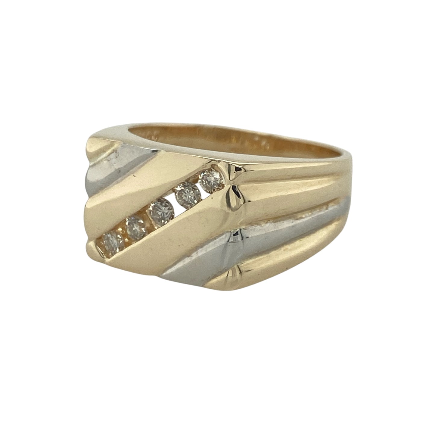 Add bold sophistication and timeless sparkle to your jewellery collection with this pre-owned 9ct yellow and white gold diamond rectangle signet ring, featuring a distinctive striped design with impressive statement appeal—perfect for special occasions, gifting, or stylish everyday wear.

Design: The ring showcases a striking rectangular signet-style face measuring approximately 11mm high, featuring an eye-catching striped design enhanced by sparkling diamonds.