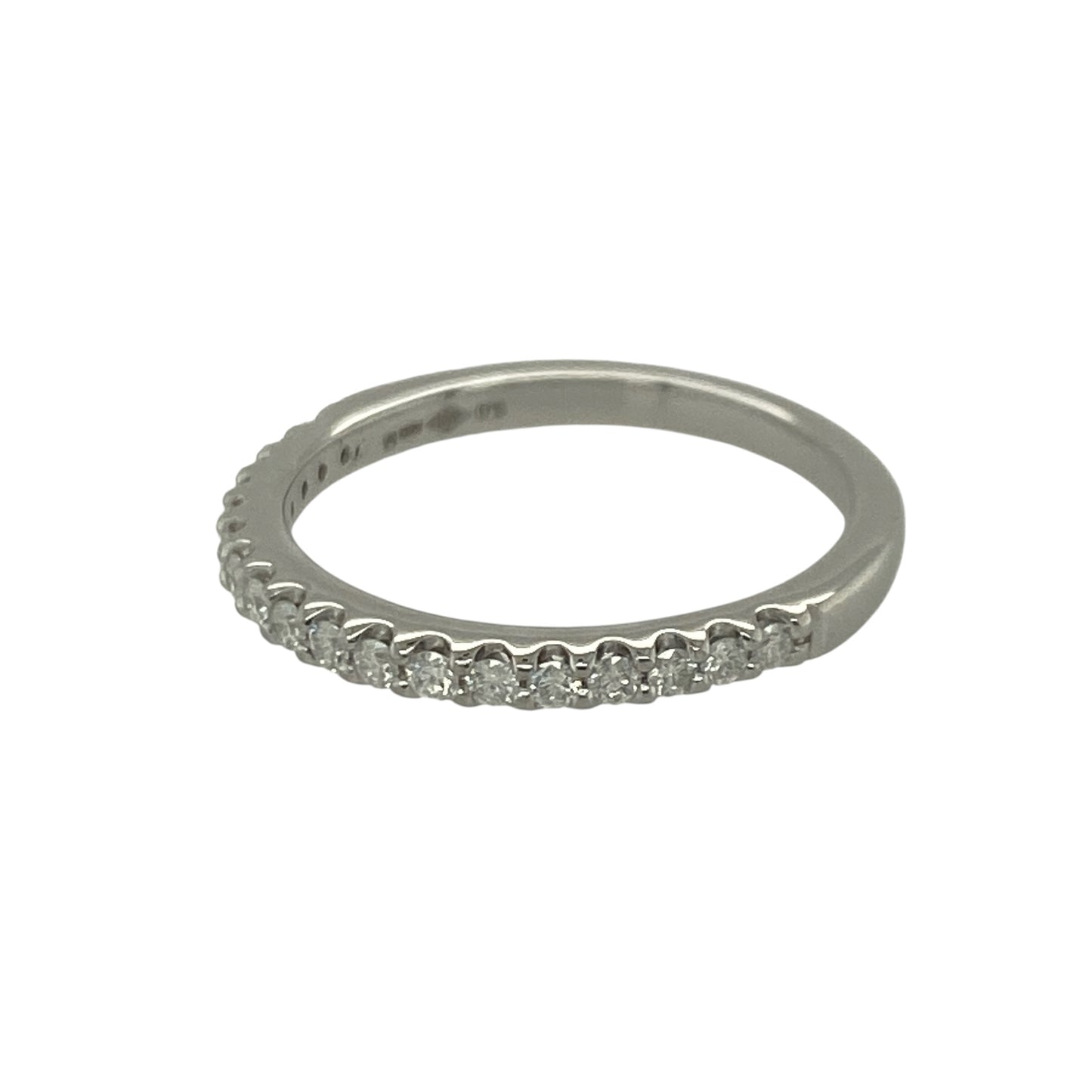 Add timeless sparkle and understated elegance to your jewellery collection with this pre-owned platinum diamond set band ring, featuring a refined design with versatile everyday appeal—perfect for stacking, anniversaries, weddings, or sophisticated daily wear.

Design: The ring features a sleek diamond-set band measuring approximately 2mm wide at the front, creating a delicate yet eye-catching display of brilliance.