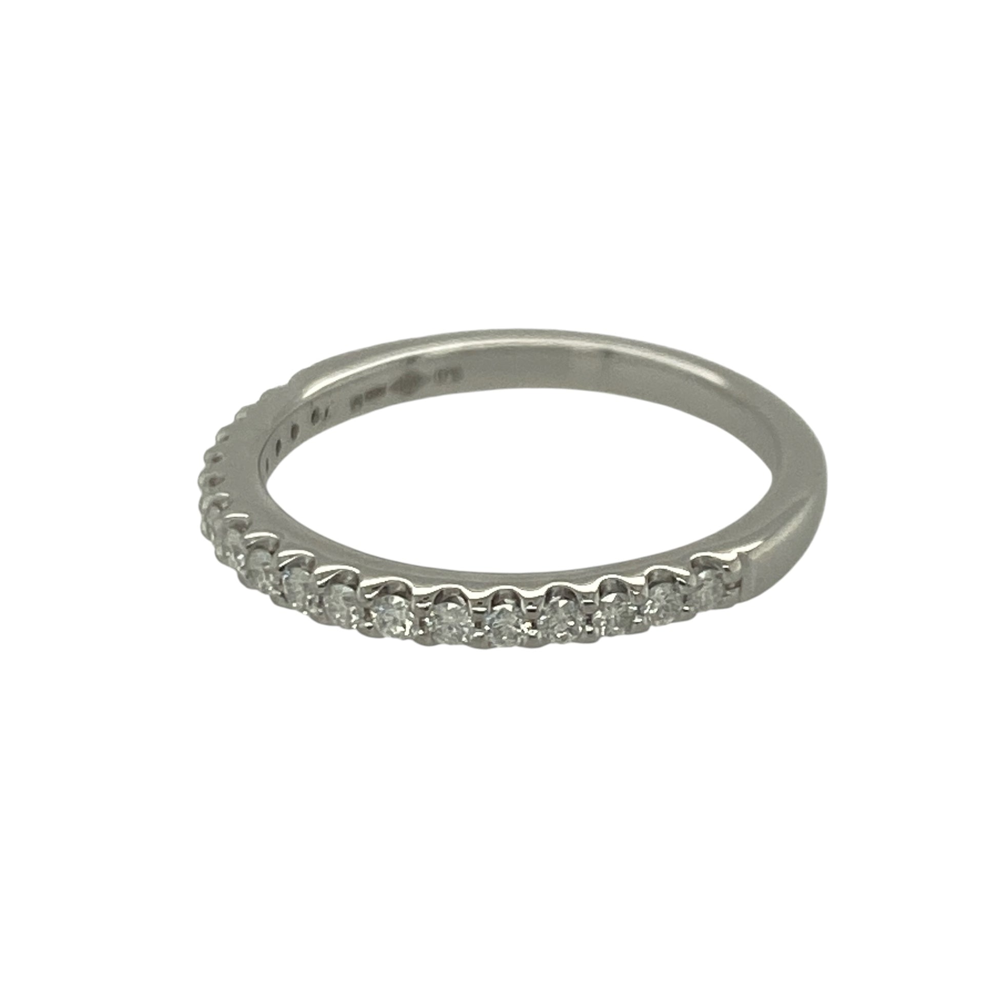 Add timeless sparkle and understated elegance to your jewellery collection with this pre-owned platinum diamond set band ring, featuring a refined design with versatile everyday appeal—perfect for stacking, anniversaries, weddings, or sophisticated daily wear.

Design: The ring features a sleek diamond-set band measuring approximately 2mm wide at the front, creating a delicate yet eye-catching display of brilliance.