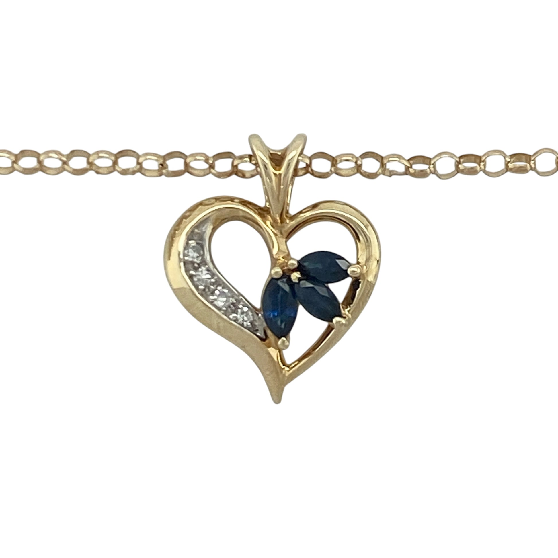 Add a touch of romance and timeless elegance to your jewellery collection with this pre-owned 9ct yellow gold diamond and sapphire heart pendant necklace, featuring a graceful open heart design with beautiful gemstone detail—perfect for gifting, anniversaries, or special occasions.

Design: The necklace features an elegant open heart pendant measuring approximately 1.9cm in length including the bail.