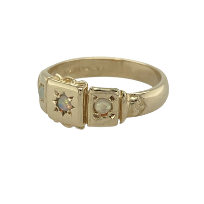 Add vintage-inspired elegance to your jewellery collection with this pre-owned 9ct yellow gold Opalique trilogy ring, featuring a timeless three-stone design with beautiful iridescent colour and classic everyday appeal—perfect for special occasions, gifting, or refined daily wear.

Design: The ring showcases three Opalique stones, each measuring approximately 2mm in diameter, arranged in a classic trilogy setting.