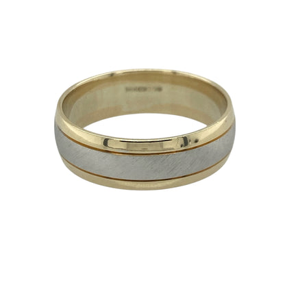 Add timeless elegance and contemporary two-tone styling to your jewellery collection with this pre-owned 9ct yellow and white gold band ring, featuring a classic design with versatile everyday appeal—perfect for daily wear, gifting, or as a stylish wedding band alternative.

Design: The ring features a striking two-tone design measuring approximately 6mm wide, with yellow gold along the top and bottom edges and a contrasting white gold stripe running through the centre.