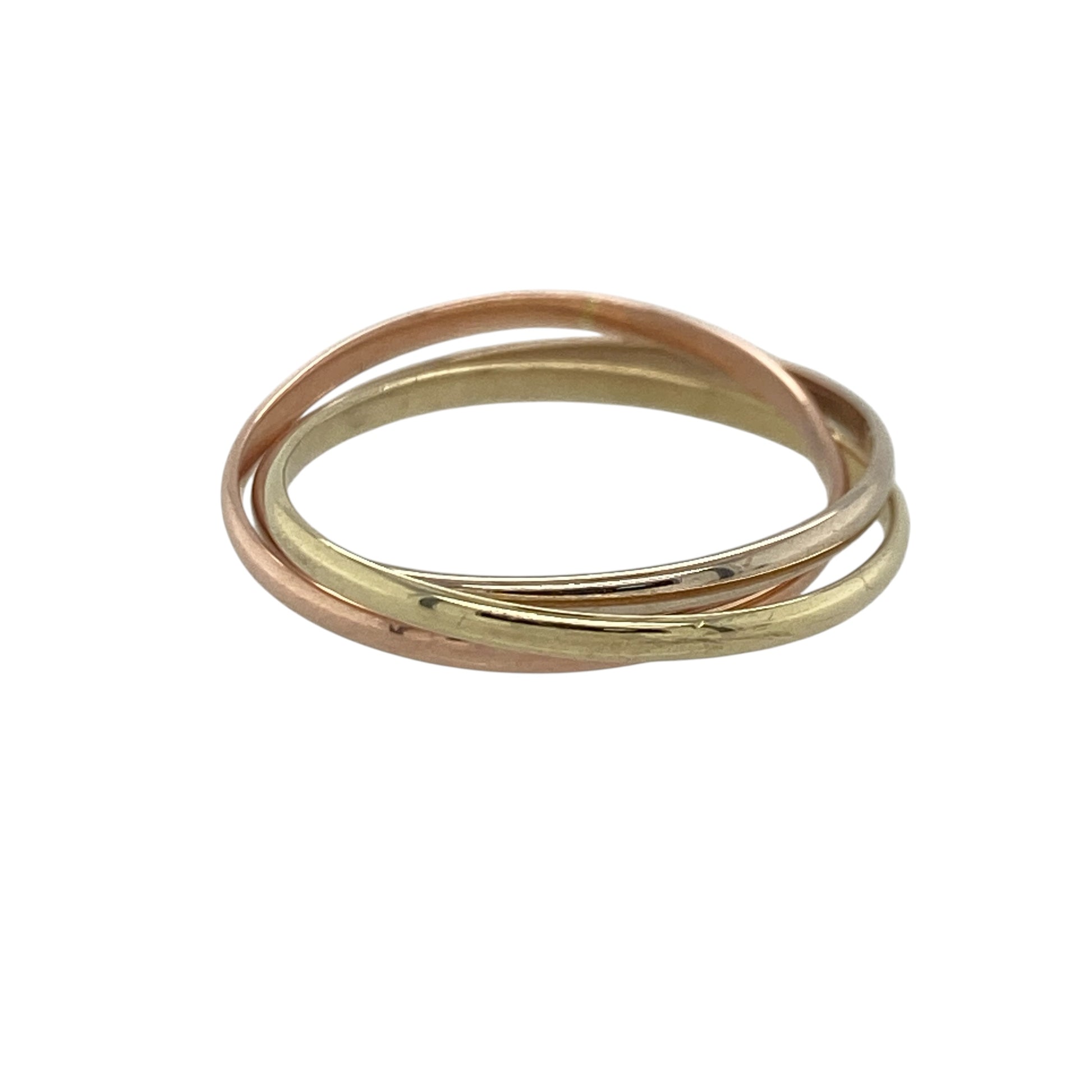 Add timeless elegance and versatile style to your jewellery collection with this pre-owned 9ct yellow, rose and white gold three band ring, featuring a classic tri-colour design with sophisticated everyday appeal—perfect for gifting, stacking, or effortless daily wear.

Design: The ring features three slender interlocking bands in yellow, rose, and white gold, creating a beautiful tri-colour effect that offers both contrast and harmony.