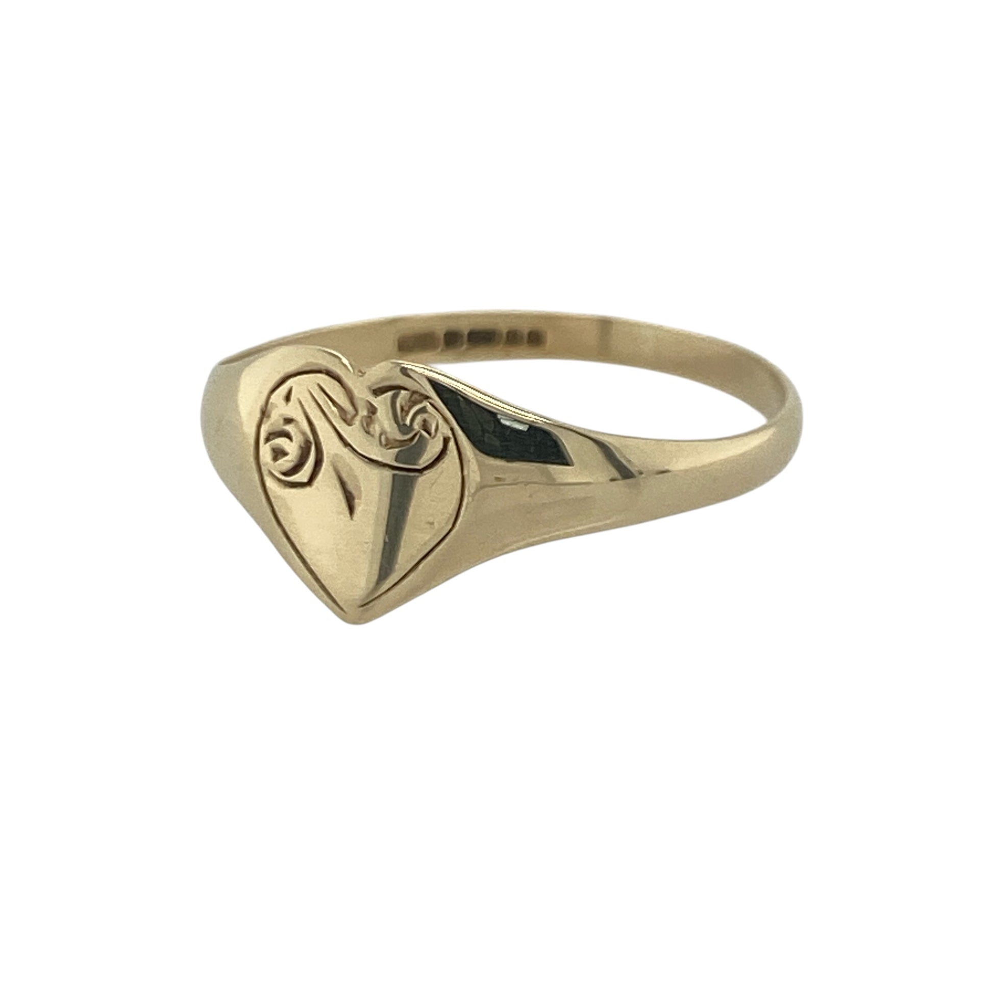 Add a touch of romance and timeless charm to your jewellery collection with this pre-owned 9ct yellow gold patterned heart signet ring, featuring a classic heart-shaped design with elegant everyday appeal—perfect for gifting, sentimental wear, or as a delicate statement piece.

Design: The ring showcases a charming heart-shaped signet face measuring approximately 8mm high, enhanced with attractive patterned detailing that adds texture and character.