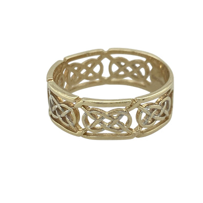 Add meaningful heritage-inspired style to your jewellery collection with this pre-owned 9ct yellow and white gold open Celtic knot band ring, featuring intricate detailing and elegant two-tone styling with timeless everyday appeal—perfect for gifting, celebrating Celtic heritage, or daily wear.

Design: The ring features an attractive open Celtic knot pattern across a 6mm wide band, creating a beautifully detailed and eye-catching appearance.