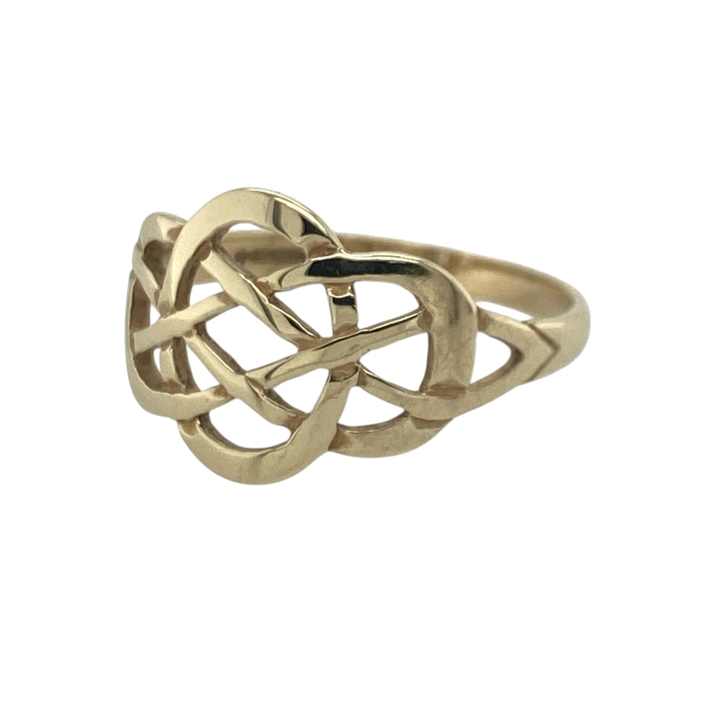 Add meaningful heritage-inspired style to your jewellery collection with this pre-owned 9ct yellow gold open Celtic knot ring, featuring an intricate symbolic design with timeless everyday appeal—perfect for gifting, celebrating Celtic heritage, or adding a distinctive touch to your jewellery collection.

Design: The ring showcases an elegant open Celtic knot design across the front, measuring approximately 11mm high.