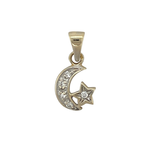 9ct Gold & Cubic Zirconia Moon and Star Pendant