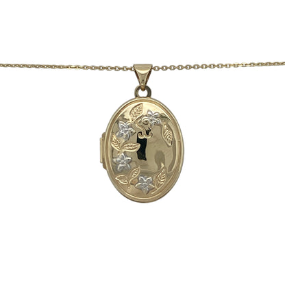 Add timeless elegance and sentimental charm to your jewellery collection with this pre-owned 9ct yellow and white gold flower patterned oval locket necklace, featuring a beautifully detailed design with classic everyday appeal—perfect for gifting, special occasions, or treasured personal wear.

Design: The necklace features an elegant oval locket pendant measuring approximately 2.9cm in length including the bail.
