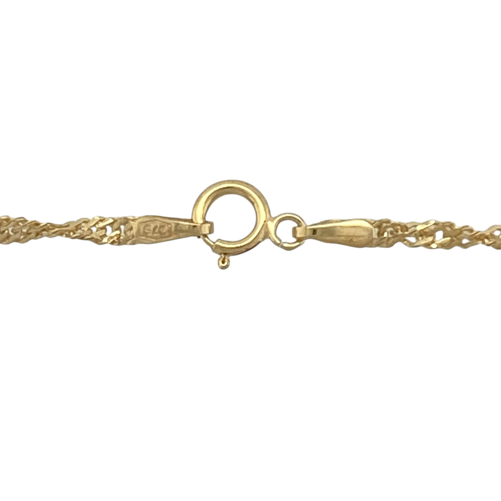 Add timeless elegance and delicate sparkle to your jewellery collection with this pre-owned 9ct yellow gold Singapore chain, featuring a beautifully twisted design with versatile everyday appeal—perfect for wearing alone, pairing with a favourite pendant, or layering with other necklaces.

Design: The chain features the distinctive Singapore link pattern measuring approximately 2mm wide, with an elegant twisted construction that creates a fluid, light-catching effect and beautiful sparkle with movement.