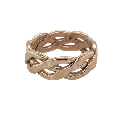 Add a touch of Welsh heritage and timeless craftsmanship to your jewellery collection with this pre-owned 9ct rose gold Cymru Gold Celtic open weave band ring, featuring an intricate traditional design with impressive everyday appeal—perfect for gifting, celebrating Celtic heritage, or wearing as a distinctive statement piece.

Design: The ring features an intricate Celtic open weave pattern running throughout an impressive 8mm wide band.