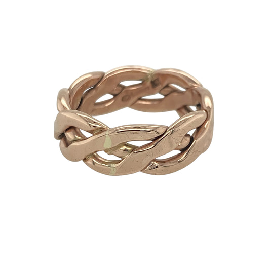 Add a touch of Welsh heritage and timeless craftsmanship to your jewellery collection with this pre-owned 9ct rose gold Cymru Gold Celtic open weave band ring, featuring an intricate traditional design with impressive everyday appeal—perfect for gifting, celebrating Celtic heritage, or wearing as a distinctive statement piece.

Design: The ring features an intricate Celtic open weave pattern running throughout an impressive 8mm wide band.