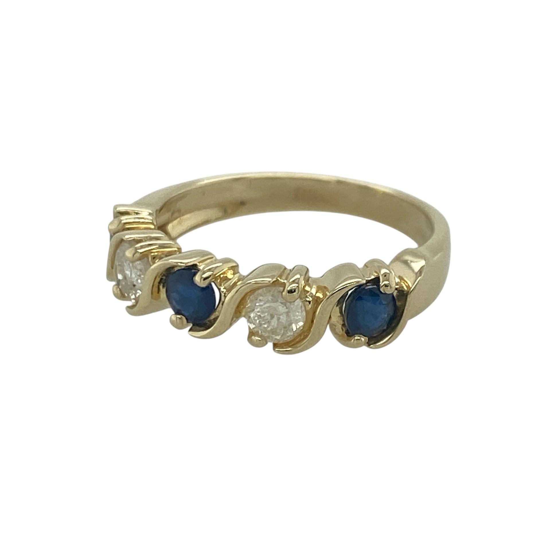 Add timeless elegance and rich colour to your jewellery collection with this pre-owned 14ct yellow gold diamond and sapphire band ring, featuring a classic five-stone design with enduring sophistication—perfect for special occasions, gifting, or refined everyday wear.

Design: The ring showcases three vibrant sapphires, each measuring approximately 4mm in diameter, alternating with two sparkling diamonds to create a beautifully balanced and eye-catching arrangement across the band.