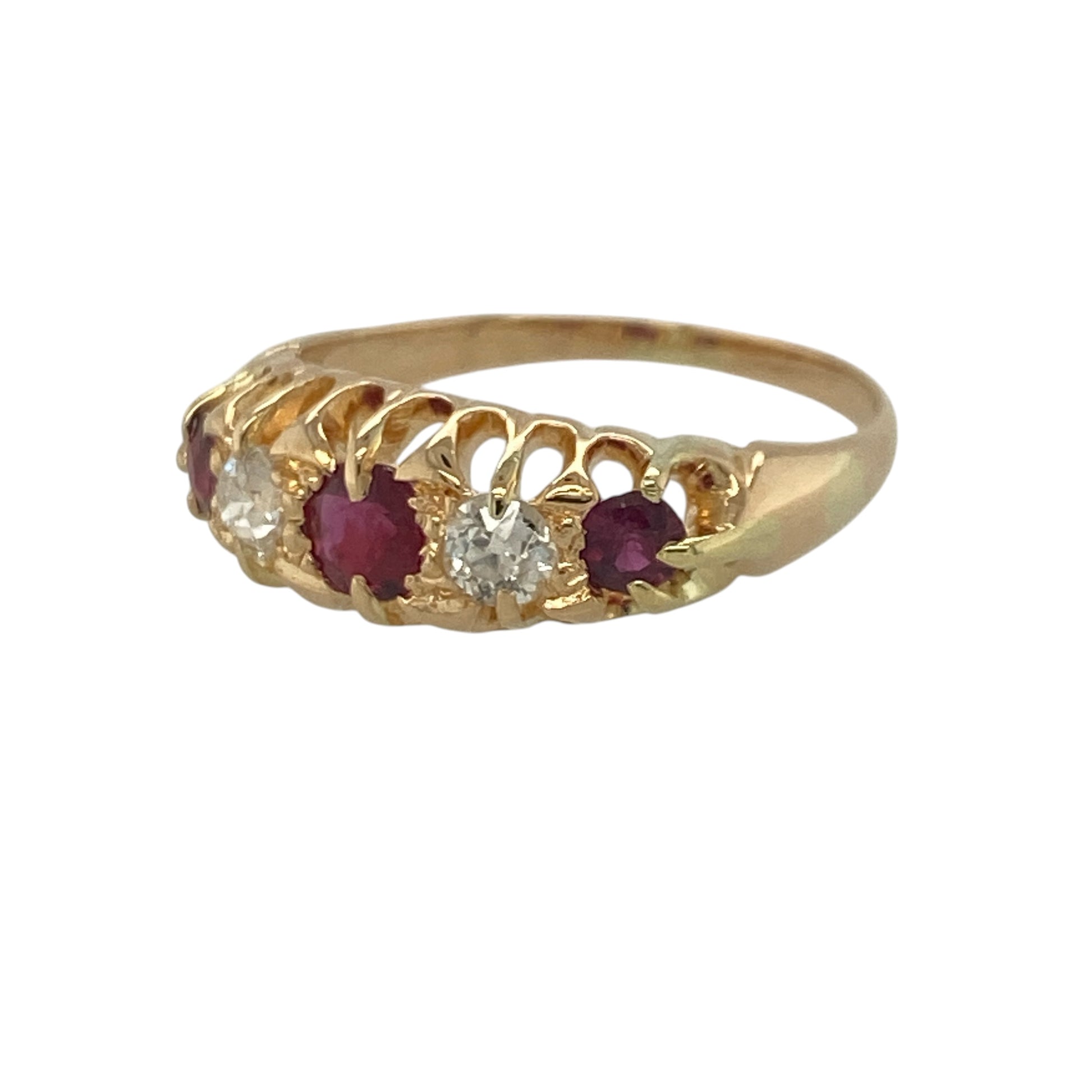 Add vintage-inspired elegance and rich colour to your jewellery collection with this pre-owned 18ct yellow gold diamond and ruby band ring, featuring a timeless design with classic sophistication—perfect for special occasions, gifting, or refined everyday wear.

Design: The ring features an attractive vintage-style band design measuring approximately 7mm wide at the front, showcasing vibrant ruby gemstones alongside sparkling diamonds.