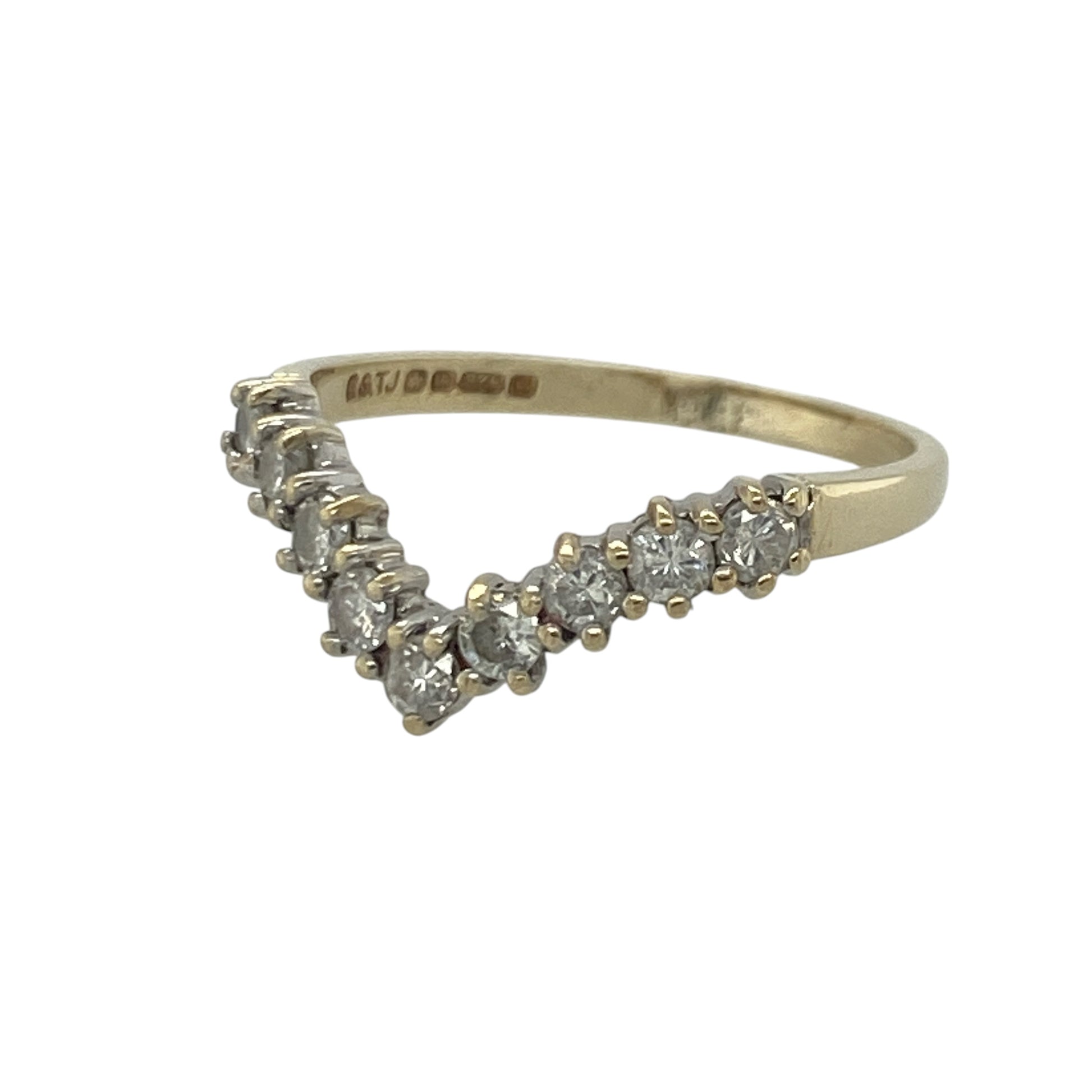 Add timeless sparkle and elegant styling to your jewellery collection with this pre-owned 9ct yellow gold diamond wishbone ring, featuring a classic shaped design with sophisticated everyday appeal—perfect for stacking, special occasions, or wearing alongside engagement and wedding rings.

Design: The ring features a graceful wishbone silhouette set with sparkling diamonds, creating a beautiful V-shaped profile that catches the light from every angle.