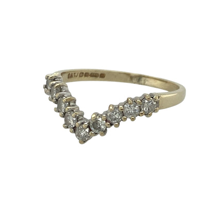 Add timeless sparkle and elegant styling to your jewellery collection with this pre-owned 9ct yellow gold diamond wishbone ring, featuring a classic shaped design with sophisticated everyday appeal—perfect for stacking, special occasions, or wearing alongside engagement and wedding rings.

Design: The ring features a graceful wishbone silhouette set with sparkling diamonds, creating a beautiful V-shaped profile that catches the light from every angle.