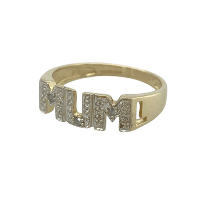 Add a meaningful touch of sparkle to your jewellery collection with this pre-owned 9ct yellow and white gold diamond Mum ring, featuring a sentimental design with timeless everyday appeal—perfect for gifting, celebrating a special mother, or treasured personal wear.

Design: The ring features a beautifully crafted "Mum" design across the front, measuring approximately 5mm wide. Sparkling diamond accents enhance the lettering, creating a heartfelt and eye-catching piece with elegant detail.