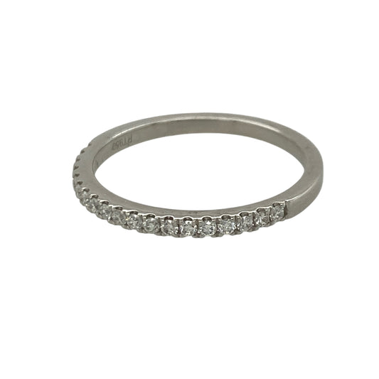 Add timeless sparkle and understated elegance to your jewellery collection with this pre-owned platinum diamond grain set band ring, featuring a classic design with refined everyday appeal—perfect for weddings, anniversaries, stacking, or sophisticated daily wear.

Design: The ring features a sleek band design measuring approximately 2mm wide at the front, with sparkling diamonds grain set along the band to create a delicate yet eye-catching display of brilliance.