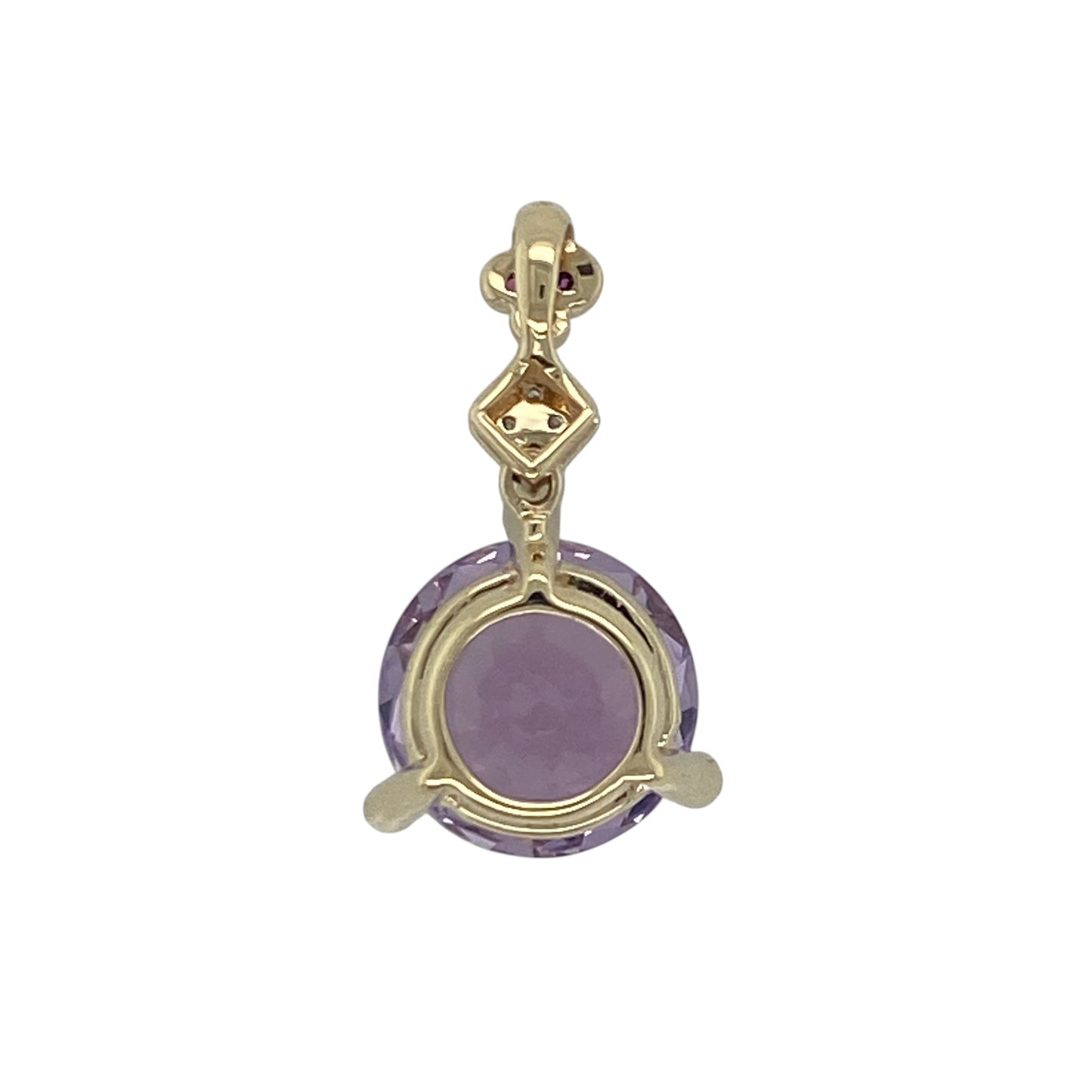 Add vibrant colour and elegant sparkle to your jewellery collection with this pre-owned 9ct yellow gold diamond and purple stone pendant, featuring a striking gemstone design with sophisticated statement appeal—perfect for special occasions, gifting, or refined everyday wear.

Design: The pendant showcases a stunning round purple amethyst measuring approximately 12mm in diameter, creating a bold and eye-catching focal point.