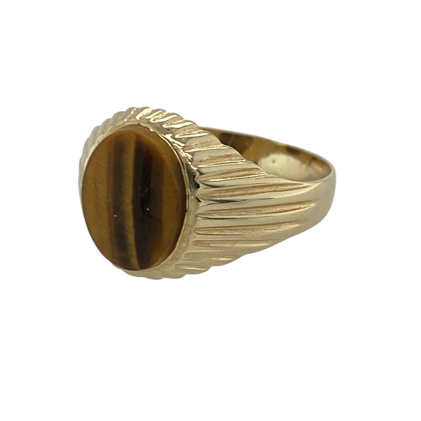 Add timeless character and distinctive style to your jewellery collection with this pre-owned 9ct yellow gold tiger’s eye signet ring, featuring a classic gemstone design with sophisticated everyday appeal—perfect for gifting, formal wear, or as a statement piece.

Design: The ring showcases an attractive oval tiger’s eye gemstone measuring approximately 10mm by 8mm, creating a striking focal point with its rich golden-brown tones and natural chatoyant effect.