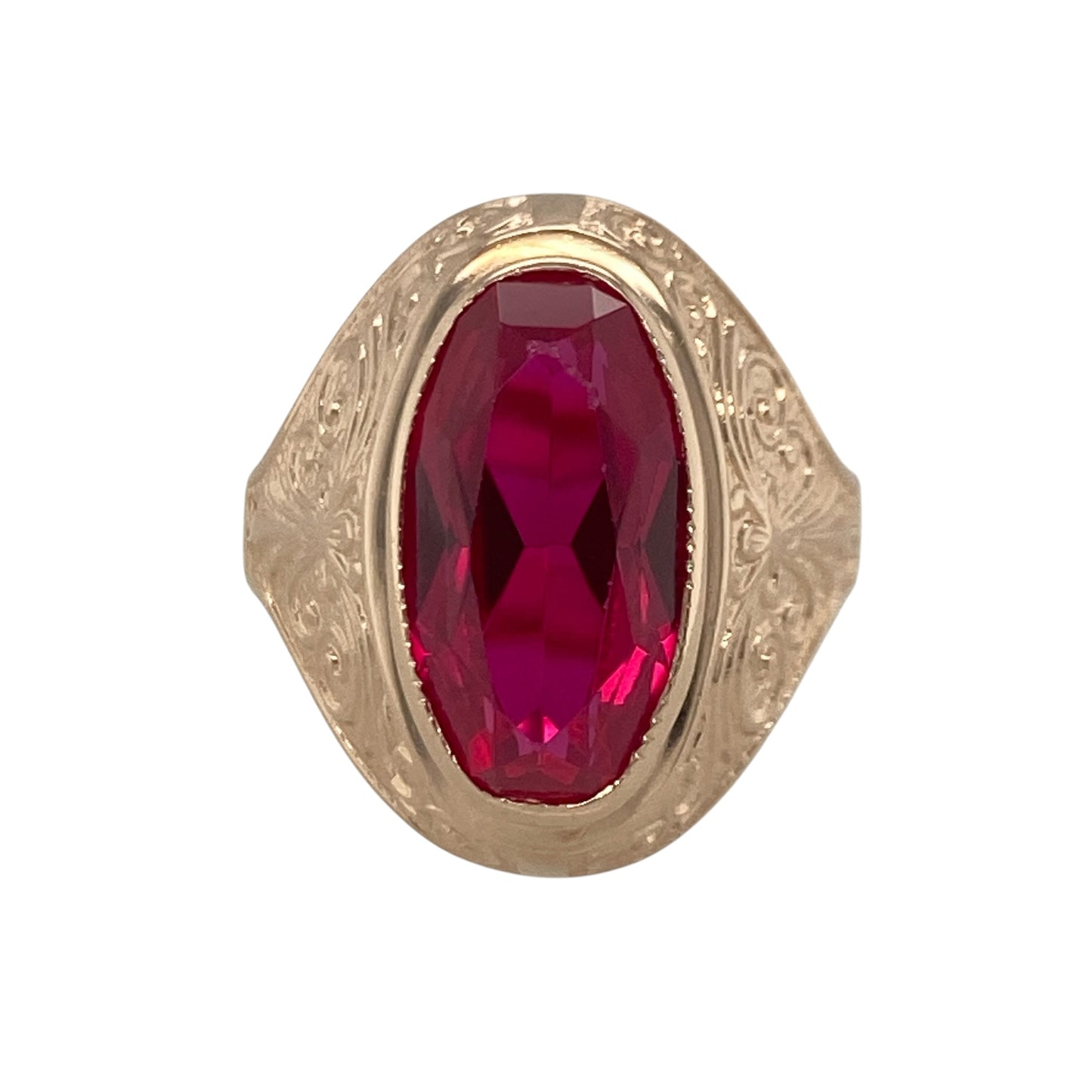 14ct Gold & Pink Stone Patterned Signet Ring