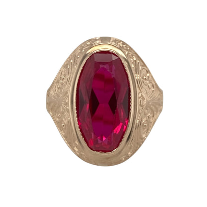 14ct Gold & Pink Stone Patterned Signet Ring