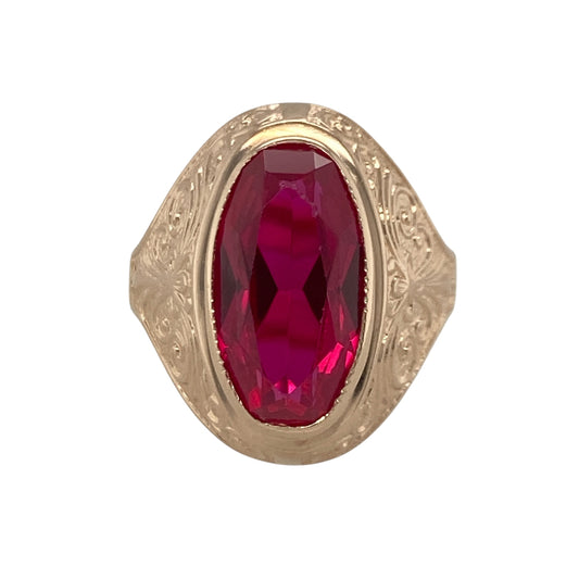 14ct Gold & Pink Stone Patterned Signet Ring