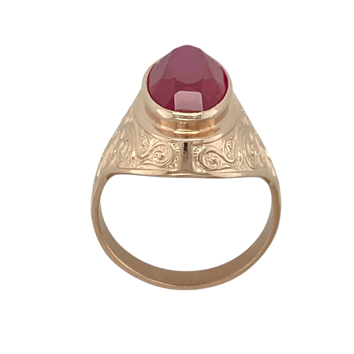 14ct Gold & Pink Stone Patterned Signet Ring