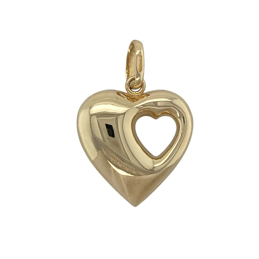 Add a touch of romance and timeless elegance to your jewellery collection with this pre-owned 9ct yellow gold heart pendant, featuring a beautiful layered design with meaningful everyday appeal—perfect for gifting, anniversaries, or sentimental wear.

Design: The pendant features a classic heart shape with a smaller cut-out heart incorporated within the design, creating an attractive layered effect that adds depth and visual interest. The elegant styling offers a timeless symbol of love and affection.