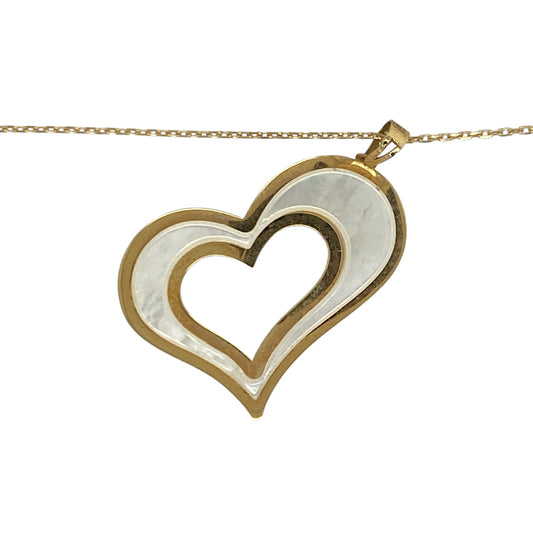 Add a touch of romance and luxurious elegance to your jewellery collection with this pre-owned 18ct yellow gold mother of pearl open heart pendant necklace, featuring a graceful design with beautiful natural lustre—perfect for gifting, anniversaries, or everyday wear.

Design: The necklace features an elegant open heart pendant measuring approximately 3.2cm in length including the bail.