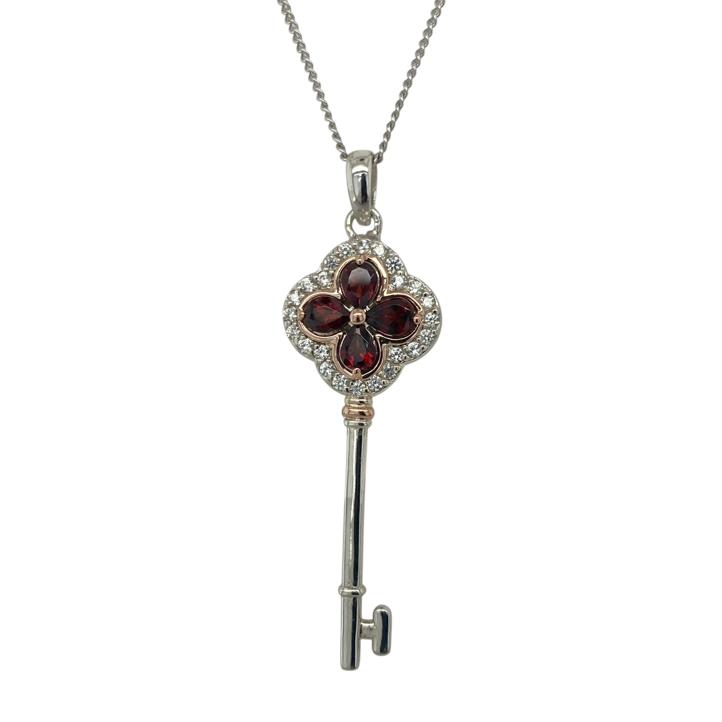 925 Silver Garnet & White Topaz Clogau Tudor Key 18" - 22" Necklace