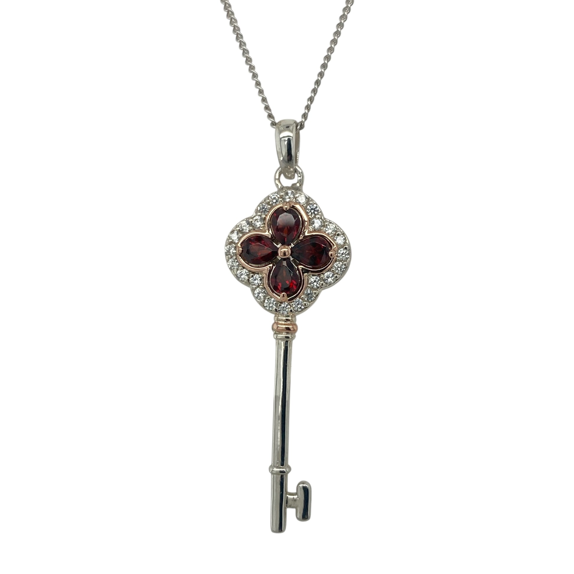 925 Silver Garnet & White Topaz Clogau Tudor Key 18" - 22" Necklace