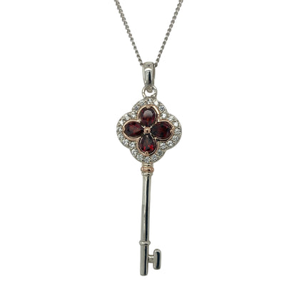 925 Silver Garnet & White Topaz Clogau Tudor Key 18" - 22" Necklace