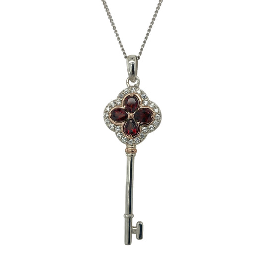 925 Silver Garnet & White Topaz Clogau Tudor Key 18" - 22" Necklace