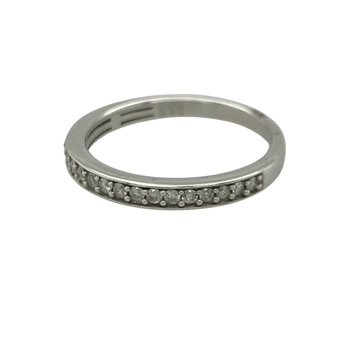 Add timeless sparkle and elegant sophistication to your jewellery collection with this pre-owned 9ct white gold diamond band ring, featuring a classic design with versatile everyday appeal—perfect for anniversaries, special occasions, stacking, or refined daily wear.

Design: The ring features a sleek diamond-set band measuring approximately 4mm wide at the front, creating a beautiful display of brilliance across the finger.