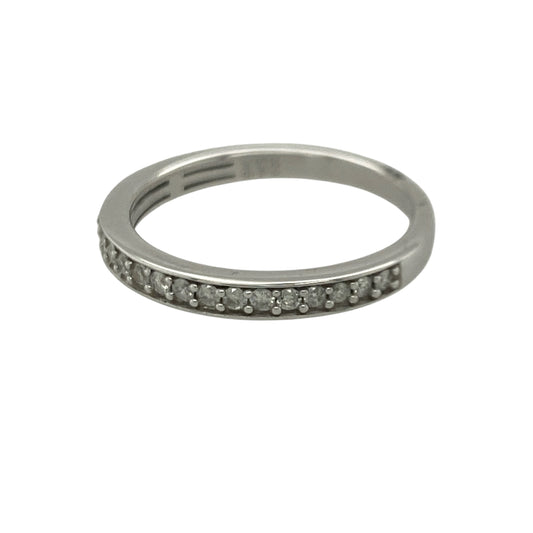 Add timeless sparkle and elegant sophistication to your jewellery collection with this pre-owned 9ct white gold diamond band ring, featuring a classic design with versatile everyday appeal—perfect for anniversaries, special occasions, stacking, or refined daily wear.

Design: The ring features a sleek diamond-set band measuring approximately 4mm wide at the front, creating a beautiful display of brilliance across the finger.
