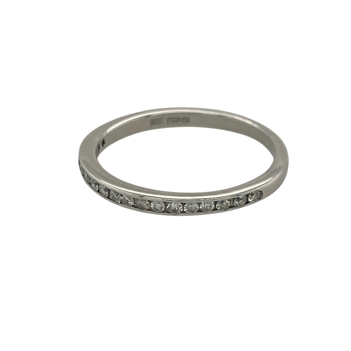 Add timeless sparkle and refined elegance to your jewellery collection with this pre-owned 18ct white gold diamond band ring, featuring a delicate design with sophisticated everyday appeal—perfect for anniversaries, stacking, weddings, or daily wear.

Design: The ring features a slim diamond-set band measuring approximately 2mm wide at the front, creating a graceful display of sparkle with a clean and elegant profile. Its delicate proportions make it a versatile and timeless choice.