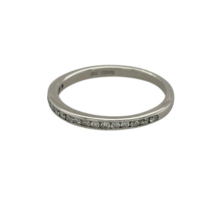 Add timeless sparkle and refined elegance to your jewellery collection with this pre-owned 18ct white gold diamond band ring, featuring a delicate design with sophisticated everyday appeal—perfect for anniversaries, stacking, weddings, or daily wear.

Design: The ring features a slim diamond-set band measuring approximately 2mm wide at the front, creating a graceful display of sparkle with a clean and elegant profile. Its delicate proportions make it a versatile and timeless choice.