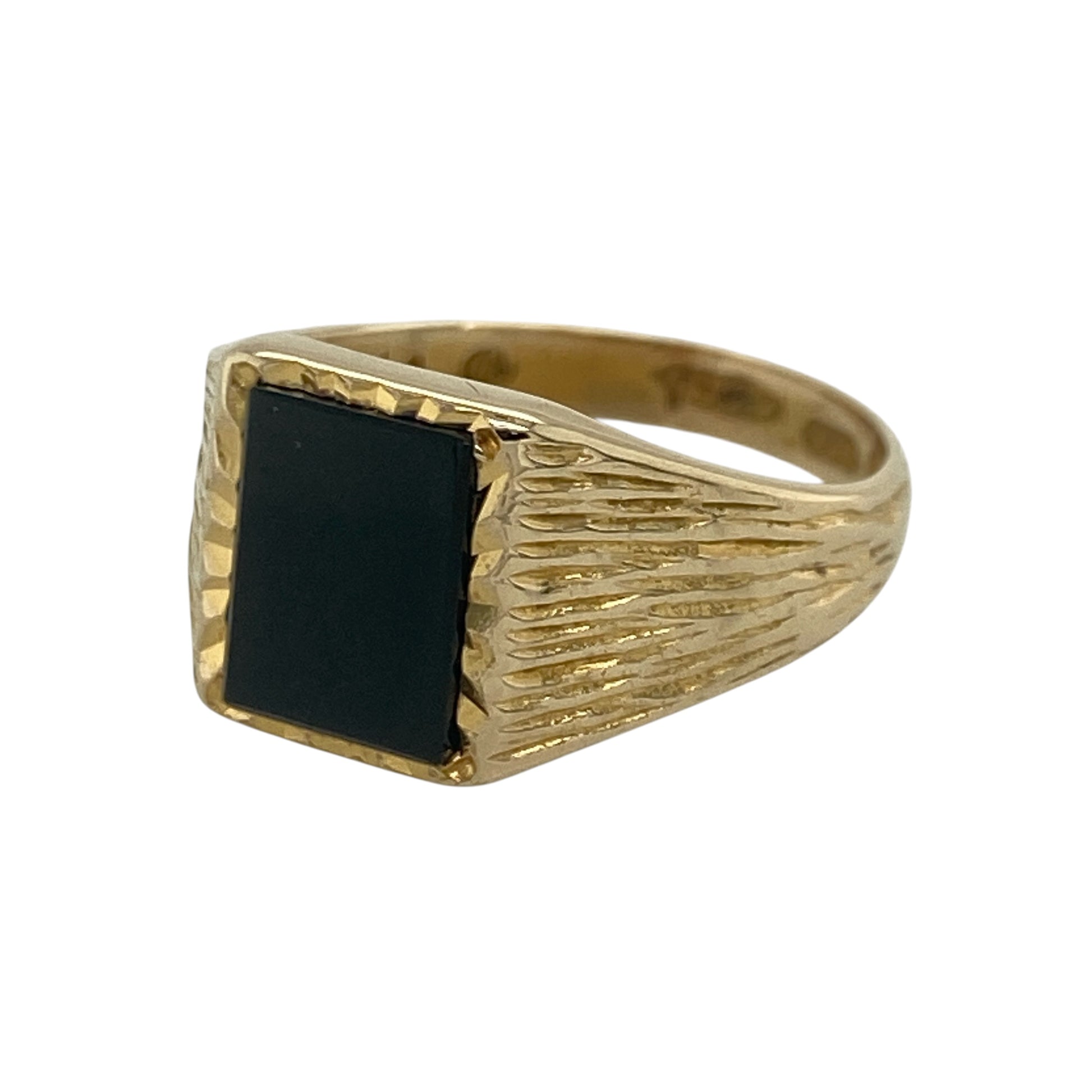 Add timeless character and classic gentleman’s style to your jewellery collection with this pre-owned 9ct yellow gold onyx signet ring, featuring a traditional design with sophisticated everyday appeal—perfect for gifting, formal wear, or as a distinctive statement piece.

Design: The ring showcases a striking rectangular onyx stone measuring approximately 8mm by 6mm, creating a bold focal point with its deep black colour and polished finish.
