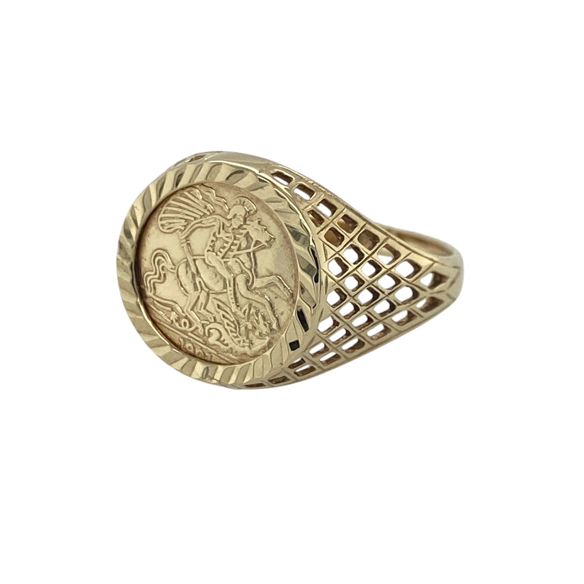 Add timeless character and heritage-inspired style to your jewellery collection with this pre-owned 9ct yellow gold George and the Dragon signet ring, featuring a traditional design with distinctive everyday appeal—perfect for gifting, collectors, or those who appreciate classic symbolism.

Design: The ring showcases a detailed George and the Dragon motif on the signet face, measuring approximately 12mm high at the front.